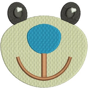Könnte beinhalten: Gesticktes Bärengesicht mit hellbeigem Hintergrund, blauer Nase und braunem Lächeln. Der Bär hat zwei dunkelgraue Ohren mit weißen Akzenten. Dieses Design eignet sich für Kinderbekleidung und Accessoires.