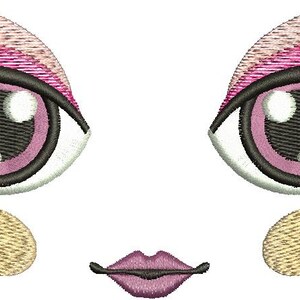 May include: Embroidered design of a doll face with pink eyes, eyelashes, and lips. The eyes have black eyeliner and are surrounded by a white border. The doll face also includes two tan cheek circles and a pink and tan eyebrow.