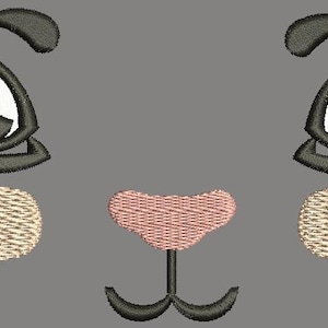 Può includere: Design ricamato di un volto di animale dei cartoni animati con grandi occhi, guance beige, naso rosa e bocca nera. Il design è su sfondo grigio. Gli occhi sono neri con riflessi bianchi.