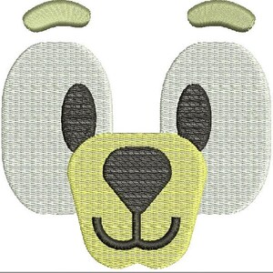 May include: A cartoon animal face with large white eyes, a black nose, and a yellow mouth. The eyes have black pupils and the mouth has a black smile.