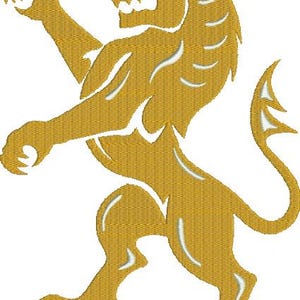 May include: A golden lion rampant design with intricate detailing. The lion is depicted with its front paw raised, showcasing a textured, embroidered appearance. The design is set against a plain white background, highlighting the lion's form.