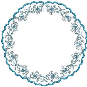 May include: A teal-colored, scalloped-edge circular design with floral and swirl patterns. The design features a series of stylized flowers and curved lines, creating a decorative border. The image is set against a white background, highlighting the intricate details of the teal embroidery.