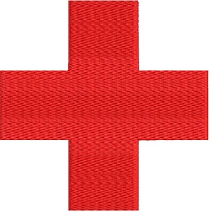 Op de afbeelding: Een rood kruissymbool, gepresenteerd tegen een witte achtergrond. Het kruis heeft een getextureerd, geweven effect, met elke arm van gelijke lengte. De kleur is een helder, effen rood, waardoor het gemakkelijk te identificeren is. De afbeelding is eenvoudig en duidelijk.