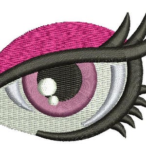 May include: Embroidered eye design featuring a pink eyebrow, a pink and black iris, and black eyelashes. The eye has a white highlight and is set against a light gray background. This design is suitable for embroidery projects.