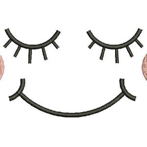 May include: An embroidered design featuring a smiling face with closed eyes. The eyes are black with eyelashes, and the smile is a curved black line. Two pink circles are on either side of the face.