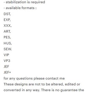 Puede incluir: Texto sobre un fondo blanco que indica que es un archivo digital, no un parche, que requiere una m&aacute;quina de bordar. Enumera los formatos disponibles: DST, EXP, XXX, ART, PES, HUS, SEW, VIP, VP3, JEF y JEF+. Se requiere estabilizaci&oacute;n.