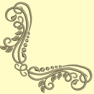 Puede incluir: Un diseño de esquina decorativo en color marrón claro, con líneas onduladas, hojas y pequeños acentos circulares. El diseño está bordado, creando una apariencia texturizada. El tema general es floral y ornamental.