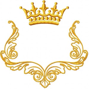May include: A golden crown and ornate frame design. The crown features multiple points and a row of circular accents. The frame has a symmetrical, swirling pattern, creating a regal and decorative emblem. Ideal for embroidery or digital design projects.