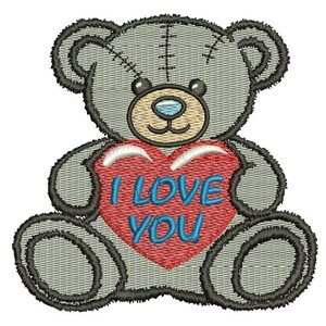 Cartão de amor romântico de urso de pelúcia EU TE AMO Desenhos de bordado à máquina, baixe instantaneamente