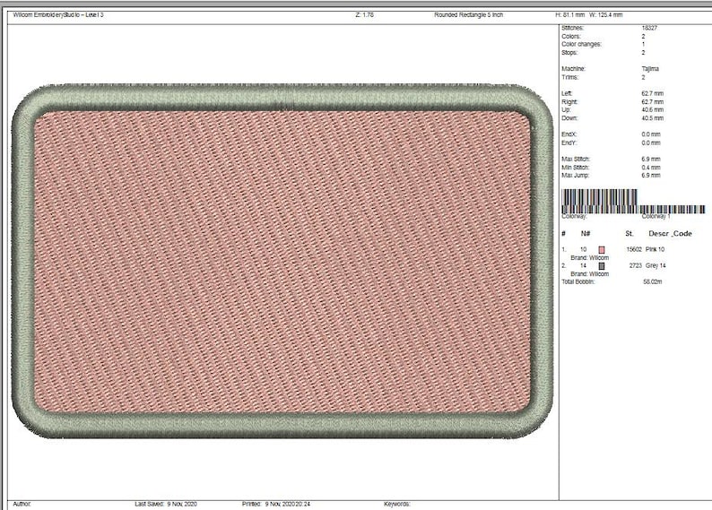 May include: A digital embroidery design of a rounded rectangle with a pink and white striped pattern. The design is 6.27 inches wide and 4.08 inches tall. The design is made up of 102 stitches and 2 color changes.