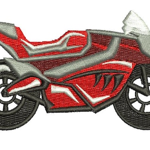 May include: Red and gray embroidered motorcycle patch with white accents. The motorcycle has a single seat and a large front wheel.