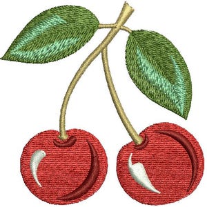 Puede incluir: Diseño bordado de dos cerezas rojas con hojas verdes y tallos color canela. Las cerezas tienen una apariencia texturizada con un resaltado blanco y un acento rojo más oscuro. Las hojas están detalladas con costuras verdes y doradas.