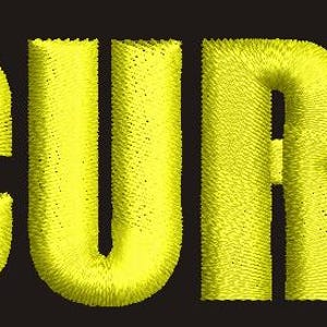 以下が含まれることがあります： 黒い背景に黄色の刺繍で「SECURITY」の文字が施されています。文字は太く、糸でできており、立体感があります。シンプルで大胆なデザインです。