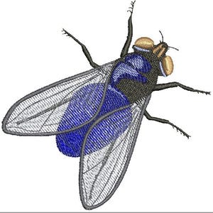 May include: Embroidered image of a fly with detailed wings and body. The fly features a blue and black body, with tan eyes and transparent wings. The insect is depicted in a realistic style, suitable for nature-themed crafts or decor.