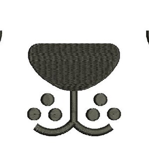 May include: Embroidered design of a dog's face, featuring a dark gray nose, mouth, and eyebrows on a white background. The design includes two curved eyebrows and a nose with three small circles below it.