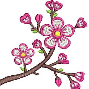 May include: Embroidered floral design featuring pink cherry blossoms with white accents and yellow centers, set against brown branches and green leaves. The design is on a white background.