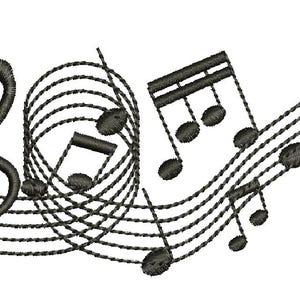 May include: Black and white musical notes and a treble clef on a white background. The notes are arranged in a flowing pattern, creating a sense of movement and rhythm.