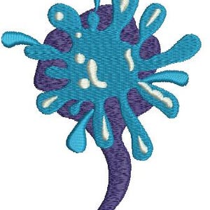 May include: An embroidered design featuring a stylized splash in shades of teal and purple. The design has a textured appearance, with white accents. The splash shape is centered over a dark purple circle, with a curved tail extending downwards.
