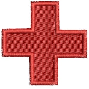 May include: A red embroidered cross patch with a textured surface. The cross has a thick border and is set against a white background. The patch is likely for medical or emergency services.