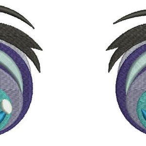Op de afbeelding: Geborduurde ogen in anime-stijl met een vrolijke uitdrukking. De ogen hebben tinten blauw, teal en paars, met witte highlights en zwarte contouren. Het ontwerp staat op een witte achtergrond.