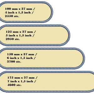Puede incluir: Cuatro etiquetas rectangulares redondeadas beige con bordes azules están apiladas verticalmente. Cada etiqueta muestra medidas en milímetros y pulgadas, junto con un valor numérico. Las etiquetas miden 10 cm, 12.5 cm, 15 cm y 17.5 cm de largo.