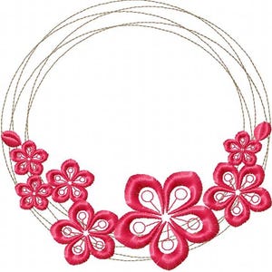 May include: A floral embroidery design featuring a circular frame with delicate brown thread. The frame is adorned with several bright pink, five-petal flowers. The flowers have intricate details and are arranged around the frame's lower half.