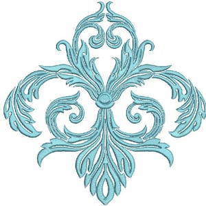 May include: A light blue decorative design with intricate swirls and flourishes. The design is symmetrical and has a floral motif.