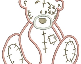 May include: A seated teddy bear design with a light pink outline and a white face. The bear has patches and stitches in a contrasting brown color, with a white mouth and closed eyes. The design is suitable for embroidery or applique.