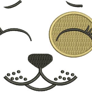 May include: An embroidered design of a cartoon cat face. The design features black eyelashes, eyebrows, nose, and whiskers. One eye is a closed circle with a gold fill, and the other eye is open.