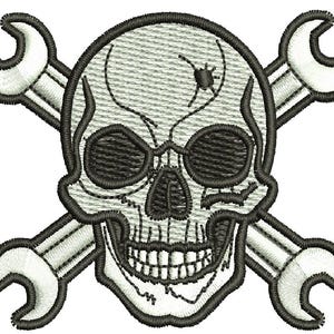 Puede incluir: Un parche bordado que muestra una calavera blanca con detalles de costura en negro, incluyendo un pequeño orificio circular en la frente. La calavera está colocada sobre dos llaves inglesas cruzadas de color plateado con bordes negros.