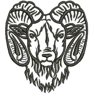 May include: A detailed black and white embroidery design of a ram's head. The ram is depicted in a frontal view, showcasing its large, curved horns and detailed facial features. The design has a textured appearance, suggesting a stitched or embroidered craft.