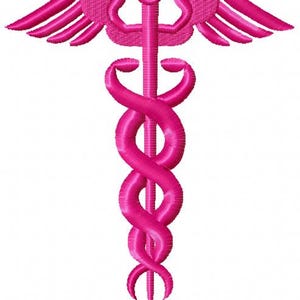 Può includere: Un simbolo medico rosa con un serpente avvolto attorno a uno staff con le ali.