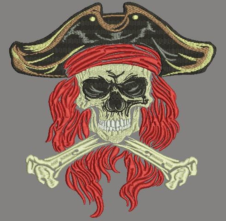 Pirate Skull in Black Hat With Red Hair Machine Embroidery Designs ...