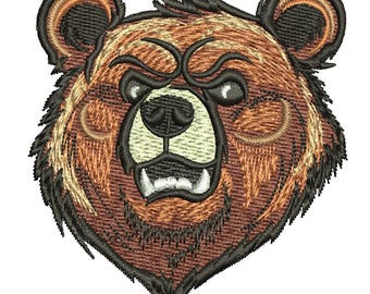 May include: Embroidered brown bear head with a fierce expression. The bear has black eyes, a black nose, and a black mouth with sharp teeth. The bear's fur is a mix of brown and orange.