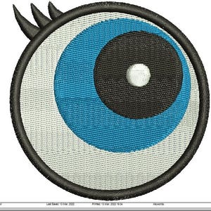 May include: A blue and black cartoon eye with white eyelashes and a white pupil. The eye is surrounded by a white circle with a black outline.