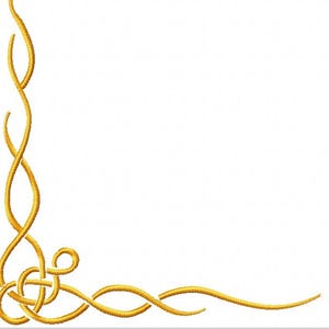Peut inclure: Motif de coin brodé de couleur or, avec un nœud celtique et des lignes fluides. Le design est sur fond blanc, adapté à divers projets créatifs, comme la broderie et le scrapbooking.
