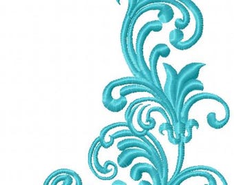 May include: A teal embroidered floral design with a swirling, ornate pattern. The design features stylized leaves and curls, perfect for embellishing fabric or other craft projects. The design is set against a white background.
