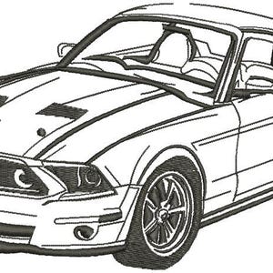 May include: Line drawing of a black and white sports car. The car has a sleek design with a low profile, featuring a prominent front grille, hood vents, and a spoiler. The wheels are detailed, and the interior is visible.