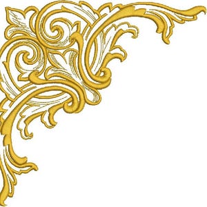 Op de afbeelding: Een versierd hoekontwerp in goud met ingewikkelde swirls en bladeren. Dit decoratieve element is perfect om elke project een vleugje elegantie te geven.