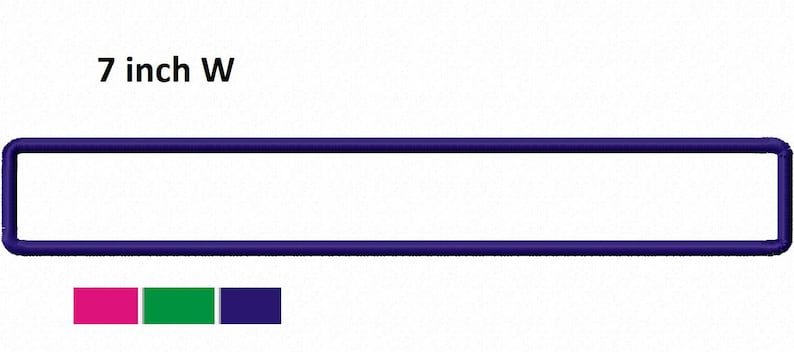 Op de afbeelding: Een leeg rechthoekig borduurontwerp van 17,78 cm breed met een donkerblauwe omtrek. Het ontwerp wordt getoond op een witte achtergrond met drie kleurstalen: roze, groen en donkerblauw.