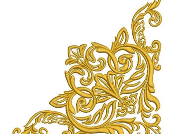 May include: A golden embroidered corner design featuring ornate floral and leaf patterns. The design has a classic, elegant aesthetic, with swirling lines and detailed textures. The embroidery is set against a white background.