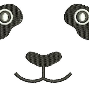 May include: Embroidered panda face design featuring black and white details. The design includes two oval-shaped eyes with white centers, a small nose, and a curved mouth. The design is on a white background.