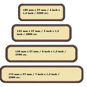 May include: Four rectangular patches with rounded corners are stacked vertically. Each patch has a tan center, a dark brown border, and text indicating dimensions in inches and millimeters. The patches are labeled: 4 inch x 1.5 inch, 5 inch x 1.5 inch, 6 inch x 1.5 inch, and 7 inch x 1.5 inch.