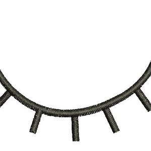 May include: A black embroidered closed eye design on a white background. The eye is a curved line with short, vertical lines extending downward, resembling eyelashes. The design is simple and graphic.