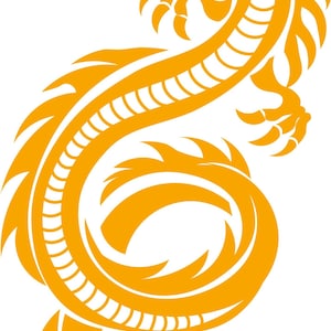 May include: A golden yellow dragon illustration on a white background. The dragon is depicted in a stylized, curved pose with sharp claws, a long tail, and a detailed head with a visible tongue.