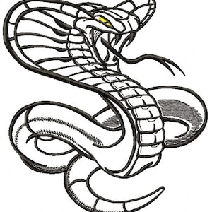 May include: A detailed black and white illustration of a cobra snake in a striking, coiled pose. The snake's head is raised, with its mouth open, revealing fangs and a forked tongue. The eyes are yellow, adding a pop of color.