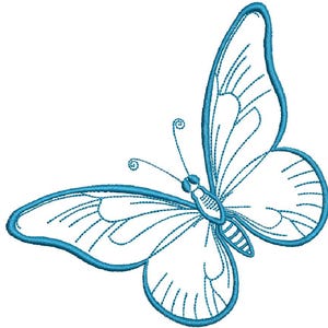 Puede incluir: Un dibujo de línea azul de una mariposa con las alas extendidas. La mariposa está mirando hacia la derecha.