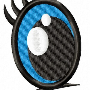 Puede incluir: Un ojo de dibujos animados azul con una pupila negra y reflejos blancos. El ojo está rodeado de un contorno negro y tiene tres pestañas negras.