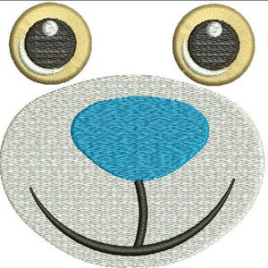 May include: Embroidered design of a cartoon face with two round, tan eyes with black pupils. The face has a light grey oval shape, a blue nose, and a black smiling mouth.