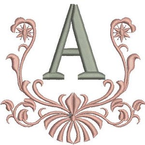 May include: An embroidered design featuring the letter "A" in a muted green hue, framed by ornate, swirling floral elements in a soft, dusty rose color. The design has a vintage, elegant aesthetic.